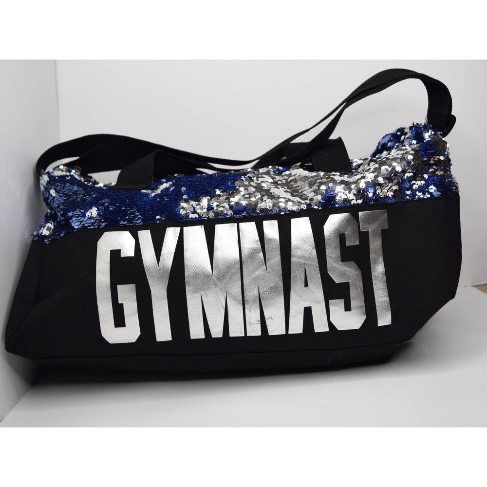 JUSTICE canvas flip sequin gymnast duffle bag black blue & silver